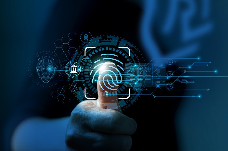 Digitalna ilustracija preverjanja identitete s prstnim odtisom – biometrična avtentikacija kot varna rešitev za registracijo uporabniškega računa.