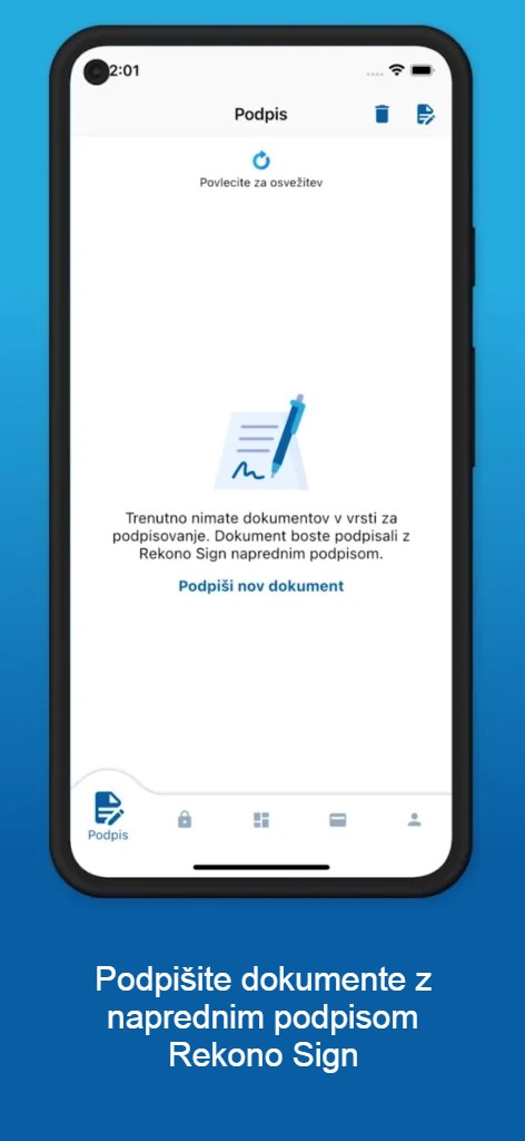 Zaslon mobilne aplikacije Rekono Sign z obvestilom, da trenutno ni dokumentov za podpisovanje, in možnostjo izbire novega dokumenta za podpis z naprednim elektronskim podpisom.