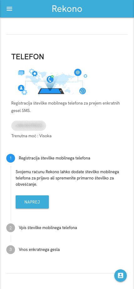 Prikaz mobilne strani Rekono za registracijo telefonske številke in prejem enkratnih gesel prek SMS sporočil.