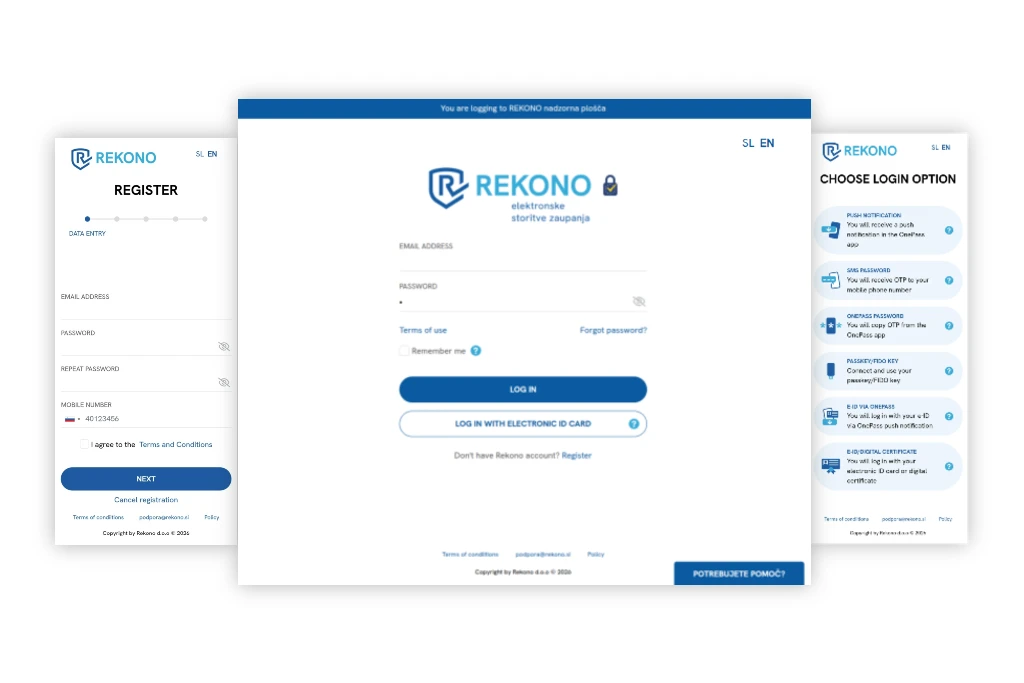 Showing three login options within Rekono - a flexible and secure solution for digital identification.
