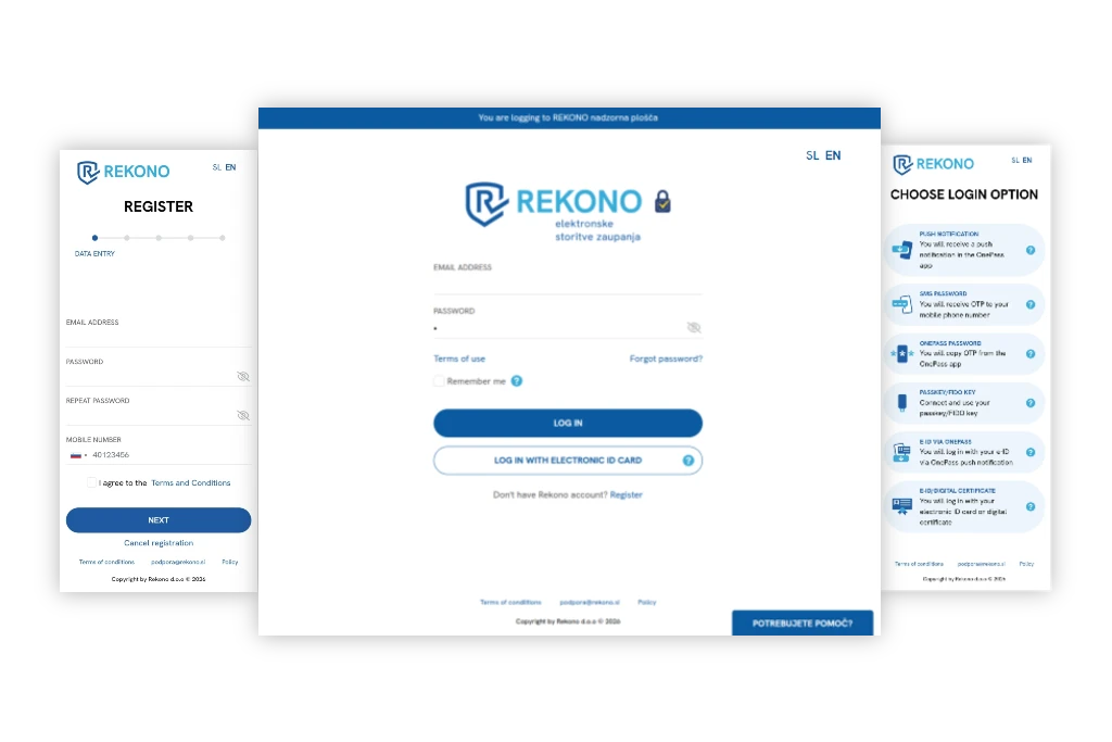 Showing three login options within Rekono - a flexible and secure solution for digital identification.