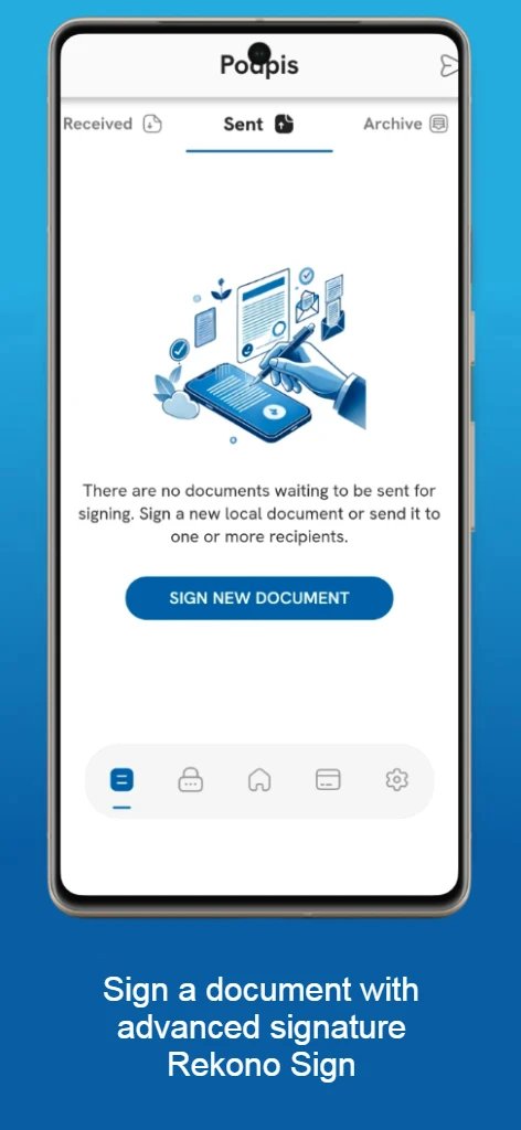 Rekono Sign mobile app screen with a notification that there are currently no documents to sign and the option to select a new document to sign with an advanced electronic signature.