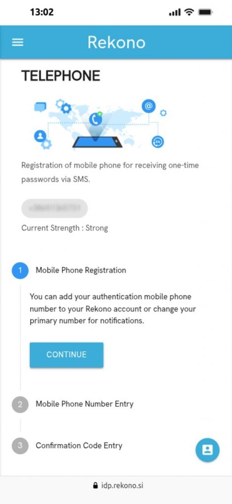 Display of the Rekono mobile page for registering a phone number and receiving one-time passwords via SMS messages.